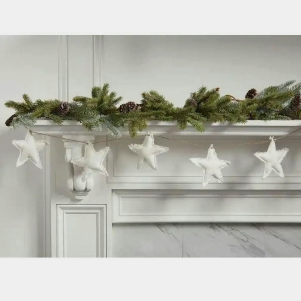 Slub Star Fabric Garland 60" Long Cream Frayed Edges on Tan Jute Rope NWT